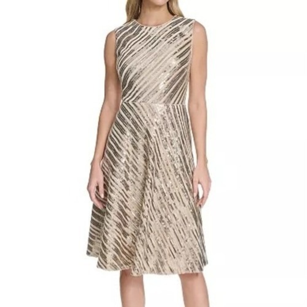 Calvin Klein Sequin Sleeveless Midi Gold A Line Dress Womens Size 14 NWT